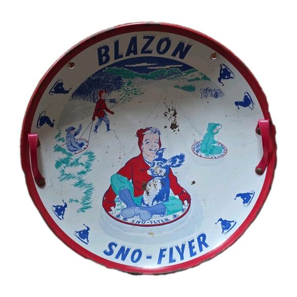 Vintage Blazon Sno-Flyer Steel Snow Sled Disc Litho Child Dog 1940s-1950s USA